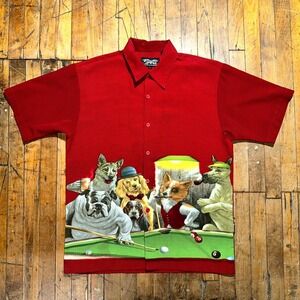 Dragonfly Shirt Mens Large Red Poker Dogs Playing Pool Short Sleeve Button Front